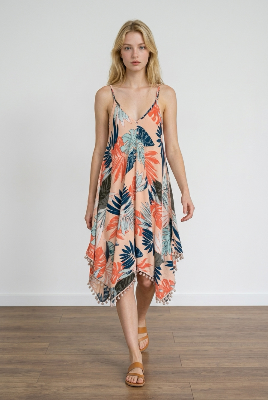 Goa Beachwear By Japna Tropical Leaf Asymmetrical Hem Pom-Pom Trim Sundress